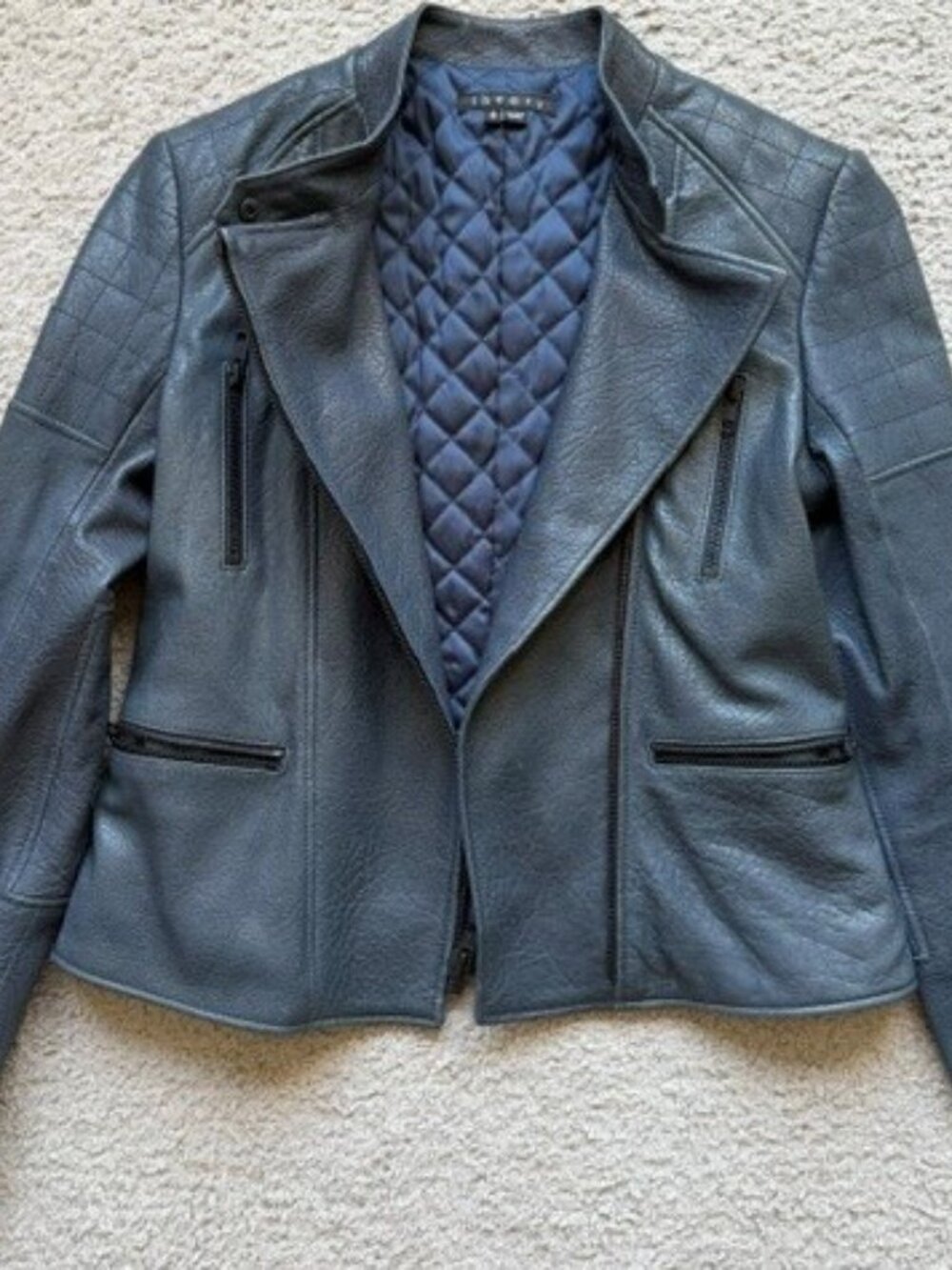 Theory Blue-Gray Lamb Leather Moto Jacket Size S